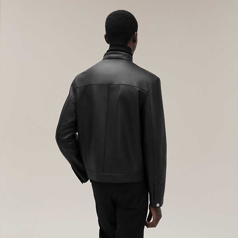 HERMES スタンドカラーブルゾン レザーパイピング L相当 ブラック系 HERMES スタンドカラーブルゾン レザーパイピング L相当 ダーク