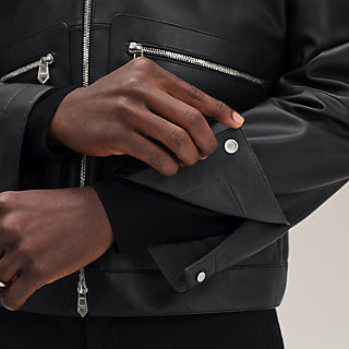 HERMES スタンドカラーブルゾン レザーパイピング L相当 ブラック系 エルメス HERMES ピコタンロックPM □M刻印 SV金具 プルーン