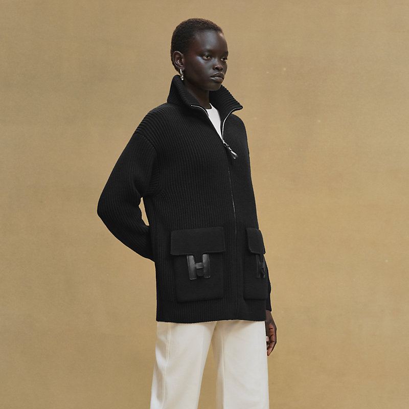 【美品】HERMES　エルメス　ウール×ヤック×レザーミックスニットブルゾン HERMES - エルメス ニット ヤク ウール ハーフジップ セーター