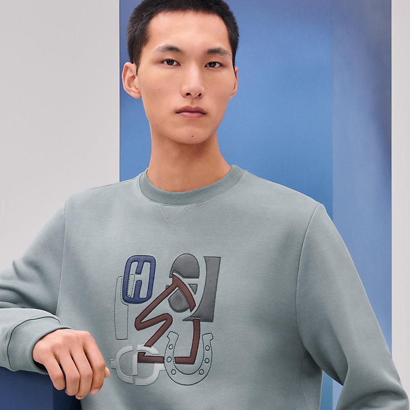 エルメス　スウェット　レザーパッチ ラウンドネックスウェット レザーパッチ 《Hパズル》 - ブルー