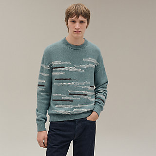 ラウンドネックニット カシミヤ レザーディテール - グリーン - SM