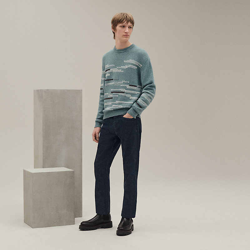 ラウンドネックニット カシミヤ レザーディテール - グリーン - SM