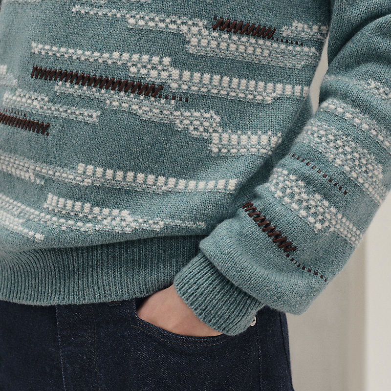 ラウンドネックニット カシミヤ レザーディテール - グリーン - SM