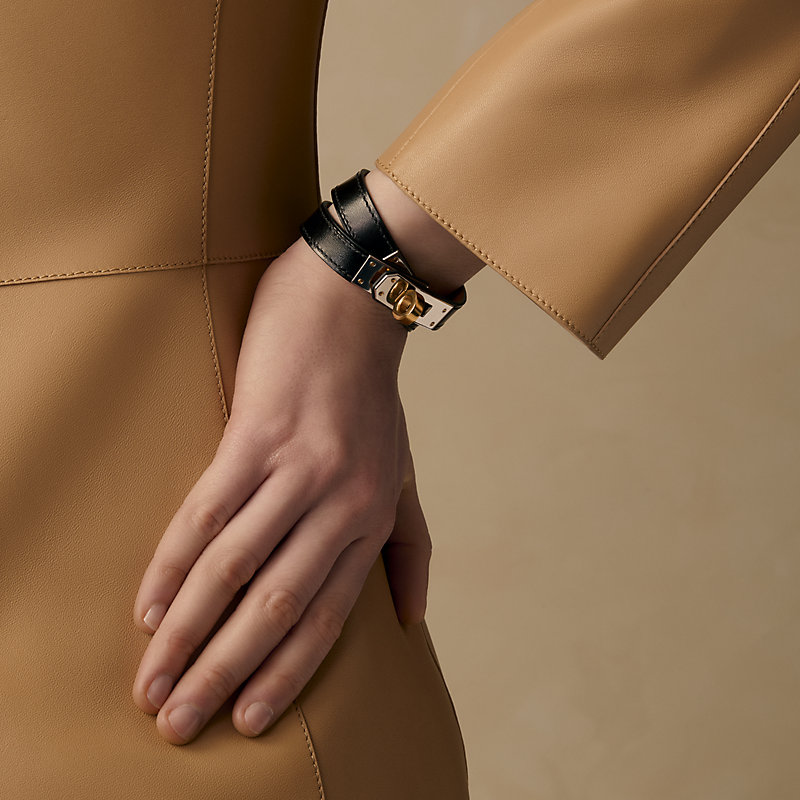HERMES レザーブレスレット＜ケリー＞ドゥブルトゥール ブラック×シルバー HERMES エルメス レザー ブレスレット ケリー ドゥブルトゥール